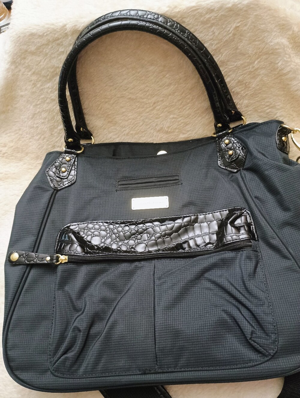 Samantha Brown Black Nylon Travel Tote Bag with Faux Croc Trim & Strap